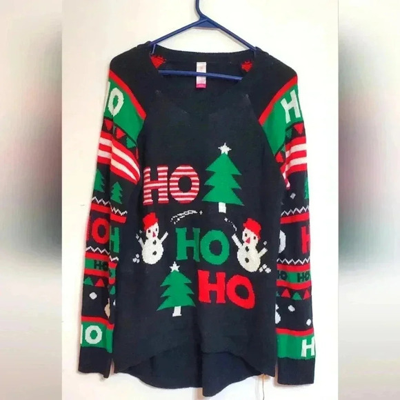 NO BOUNDARIES Black Christmas Sweater Long Ho Ho Ho snowmen  trees Size 15 17 - Picture 1 of 7